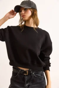 Olalook Women's Black Double Interlock Sleeve Detailed Thick Sweatshirt - Image 3
