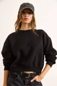 Olalook Women's Black Double Interlock Sleeve Detailed Thick Sweatshirt - Image 4