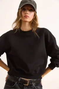 Olalook Women's Black Double Interlock Sleeve Detailed Thick Sweatshirt - Image 5