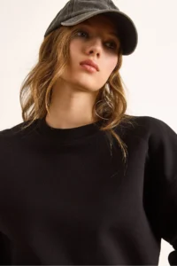 Olalook Women's Black Double Interlock Sleeve Detailed Thick Sweatshirt - Image 6