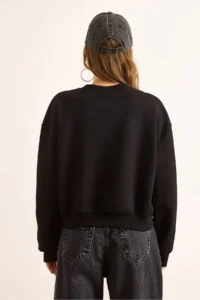 Olalook Women's Black Double Interlock Sleeve Detailed Thick Sweatshirt - Image 7