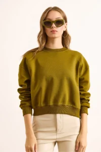Olalook Women's Oil Green Double Interlock Sleeve Detailed Thick Sweatshirt - Image 2