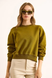 Olalook Women's Oil Green Double Interlock Sleeve Detailed Thick Sweatshirt - Image 3