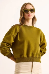 Olalook Women's Oil Green Double Interlock Sleeve Detailed Thick Sweatshirt - Image 4