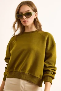 Olalook Women's Oil Green Double Interlock Sleeve Detailed Thick Sweatshirt - Image 5