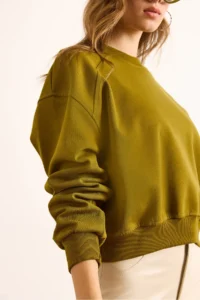 Olalook Women's Oil Green Double Interlock Sleeve Detailed Thick Sweatshirt - Image 6