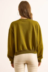 Olalook Women's Oil Green Double Interlock Sleeve Detailed Thick Sweatshirt - Image 7