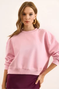 Olalook Women's Pink Double Interlock Sleeve Detailed Thick Sweatshirt