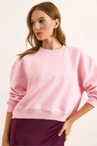 Olalook Women's Pink Double Interlock Sleeve Detailed Thick Sweatshirt - Image 2