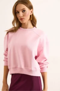 Olalook Women's Pink Double Interlock Sleeve Detailed Thick Sweatshirt - Image 3