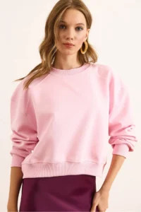 Olalook Women's Pink Double Interlock Sleeve Detailed Thick Sweatshirt - Image 4