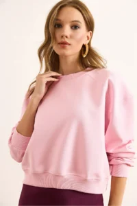Olalook Women's Pink Double Interlock Sleeve Detailed Thick Sweatshirt - Image 5