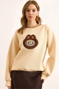 Olalook Women's Beige Appliqued Basic Sweatshirt - Image 2