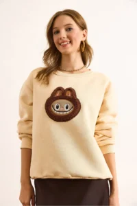 Olalook Women's Beige Appliqued Basic Sweatshirt - Image 3