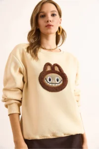 Olalook Women's Beige Appliqued Basic Sweatshirt - Image 6