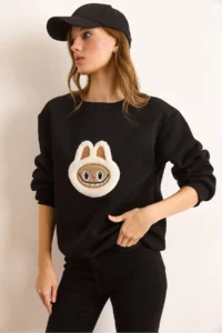 Olalook Women's Black Appliqued Basic Sweatshirt - Image 3