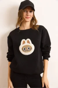 Olalook Women's Black Appliqued Basic Sweatshirt - Image 4