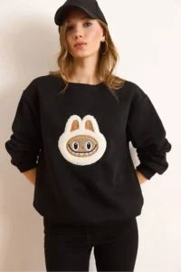 Olalook Women's Black Appliqued Basic Sweatshirt - Image 5