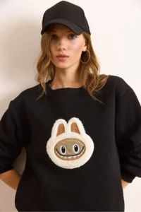 Olalook Women's Black Appliqued Basic Sweatshirt - Image 6