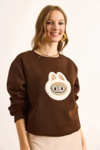 Olalook Women's Brown Appliqued Basic Sweatshirt - Image 2