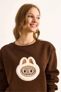 Olalook Women's Brown Appliqued Basic Sweatshirt - Image 3