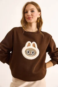 Olalook Women's Brown Appliqued Basic Sweatshirt - Image 4