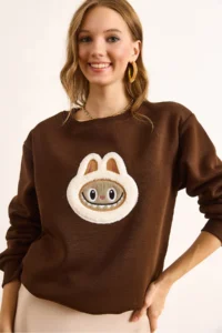 Olalook Women's Brown Appliqued Basic Sweatshirt - Image 5