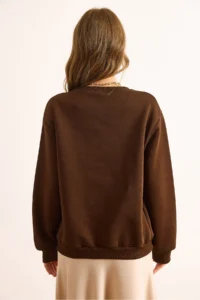 Olalook Women's Brown Appliqued Basic Sweatshirt - Image 6