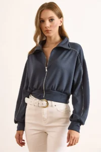 Olalook Women's Anthracite Modal Piping Detailed Flowy Zippered Sweatshirt - Image 2