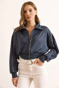 Olalook Women's Anthracite Modal Piping Detailed Flowy Zippered Sweatshirt - Image 3