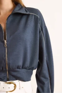 Olalook Women's Anthracite Modal Piping Detailed Flowy Zippered Sweatshirt - Image 4