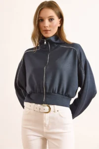Olalook Women's Anthracite Modal Piping Detailed Flowy Zippered Sweatshirt - Image 6