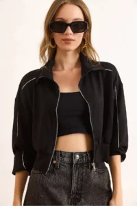 Olalook Women's Black Modal Piping Detailed Flowy Zipper Sweatshirt