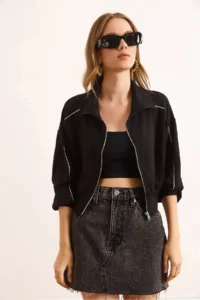Olalook Women's Black Modal Piping Detailed Flowy Zipper Sweatshirt - Image 2
