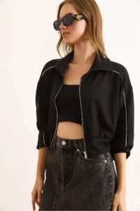 Olalook Women's Black Modal Piping Detailed Flowy Zipper Sweatshirt - Image 4