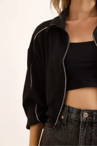 Olalook Women's Black Modal Piping Detailed Flowy Zipper Sweatshirt - Image 5