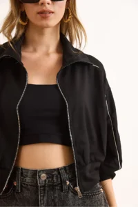 Olalook Women's Black Modal Piping Detailed Flowy Zipper Sweatshirt - Image 6