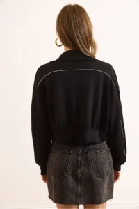 Olalook Women's Black Modal Piping Detailed Flowy Zipper Sweatshirt - Image 7