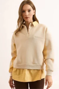 Olalook Women's Beige Shirt Collar Garnished Thick Sweatshirt