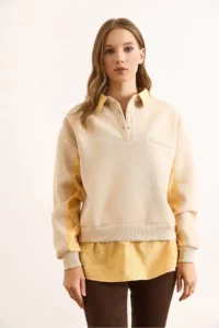 Olalook Women's Beige Shirt Collar Garnished Thick Sweatshirt - Image 2