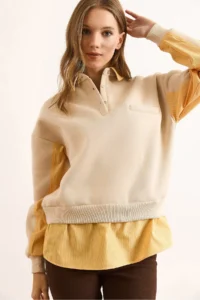 Olalook Women's Beige Shirt Collar Garnished Thick Sweatshirt - Image 4