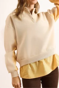 Olalook Women's Beige Shirt Collar Garnished Thick Sweatshirt - Image 5