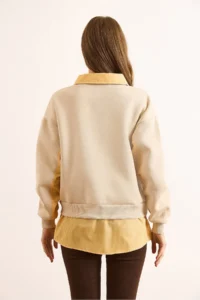 Olalook Women's Beige Shirt Collar Garnished Thick Sweatshirt - Image 6