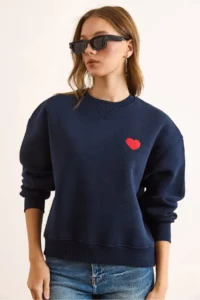 Olalook Women's Navy Blue Collar Detailed Heart Embroidered Rose Gold Sweatshirt - Image 2