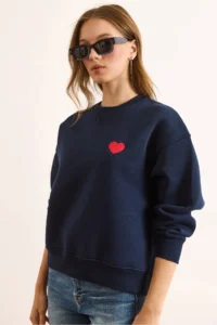 Olalook Women's Navy Blue Collar Detailed Heart Embroidered Rose Gold Sweatshirt - Image 3
