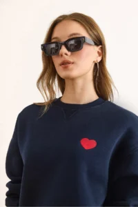 Olalook Women's Navy Blue Collar Detailed Heart Embroidered Rose Gold Sweatshirt - Image 4