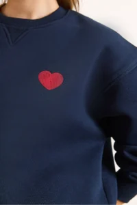 Olalook Women's Navy Blue Collar Detailed Heart Embroidered Rose Gold Sweatshirt - Image 5