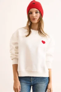 Olalook Women's White Collar Detailed Heart Embroidered Rose Gold Sweatshirt - Image 2
