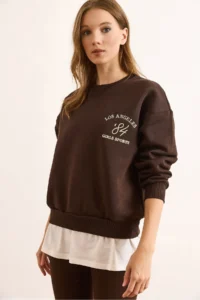 Olalook Women's Brown Skirt, Garnished Collar Detailed, Thick Sweatshirt with Rose Gold