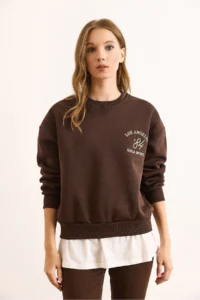 Olalook Women's Brown Skirt, Garnished Collar Detailed, Thick Sweatshirt with Rose Gold - Image 2